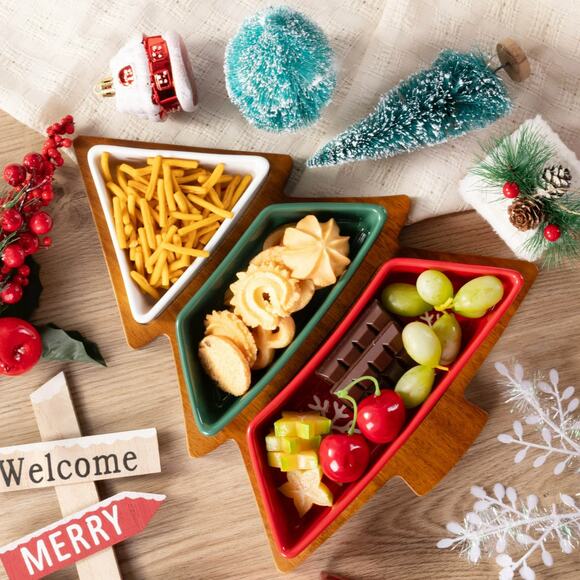 Acacia Wood 4 Pieces Christmas Tree Shaped Charcuterie Tray with Ceramic Bowls - Picture 2 of 13